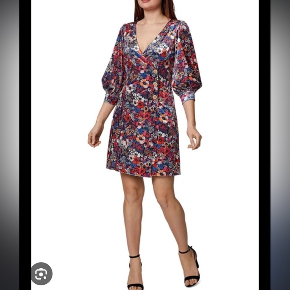 Sage Multicolored Velvet Floral Short Puffy Sleeve 3 Front Buttons Shift Dress S - Picture 2 of 16